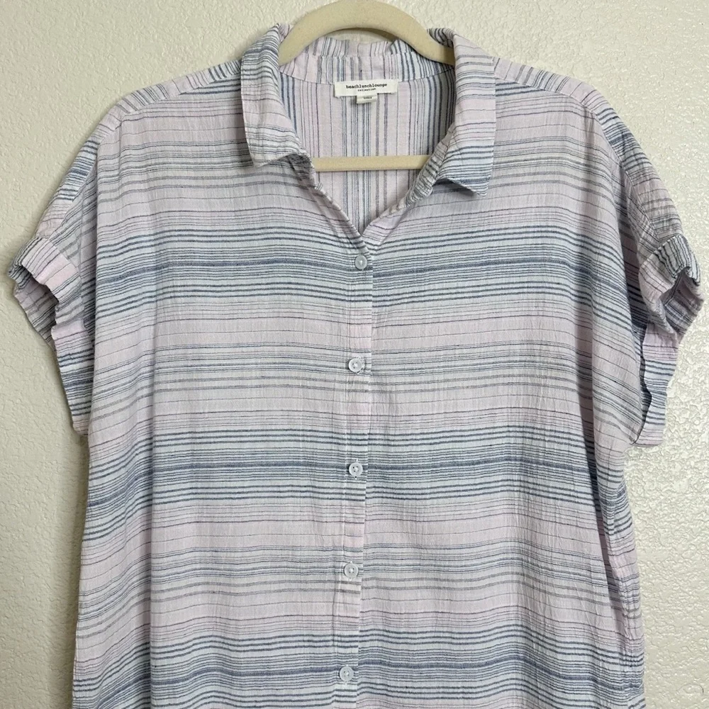 Beachlunchlounge Women's Pink Blue Striped Button Down Shirt, Sz Large